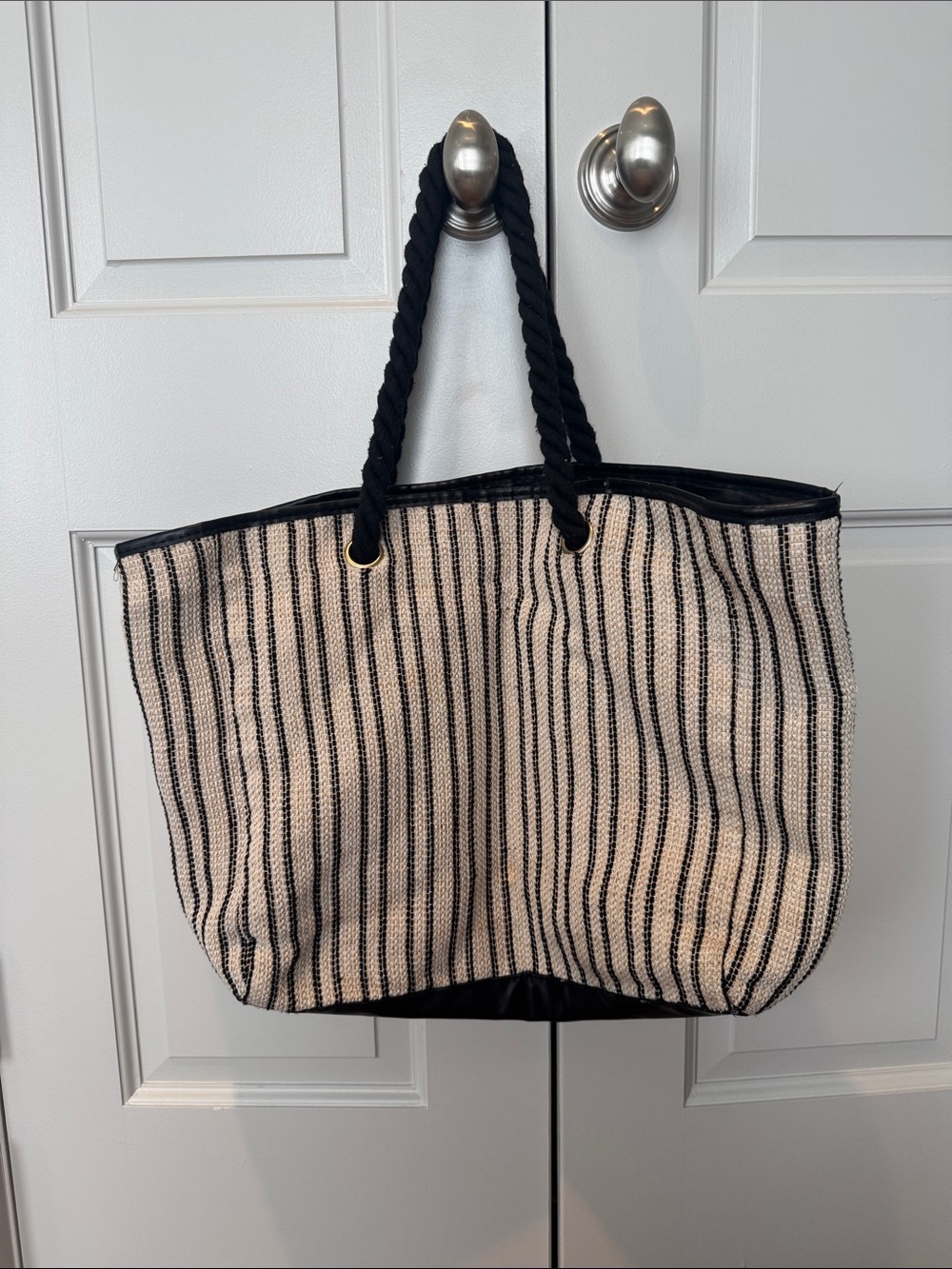 Lancome Black and Cream Striped Rope-Handle Tote